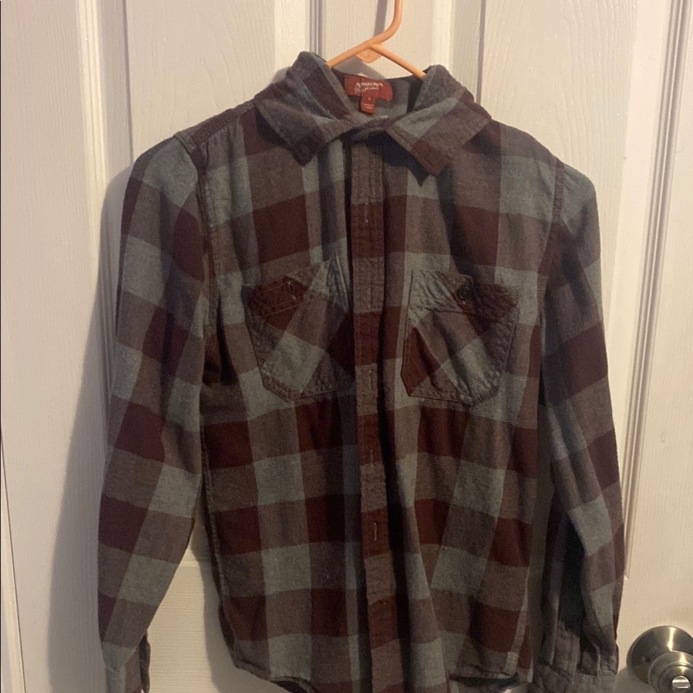 Arizona Jean Company Gray and Brown Plaid Dress Shirt